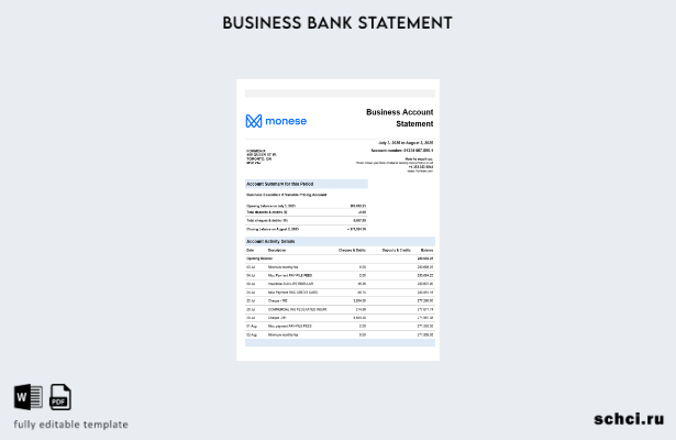 цифровая загрузка Monese Bank Business выписка по счету Шаблон в формате Word и 